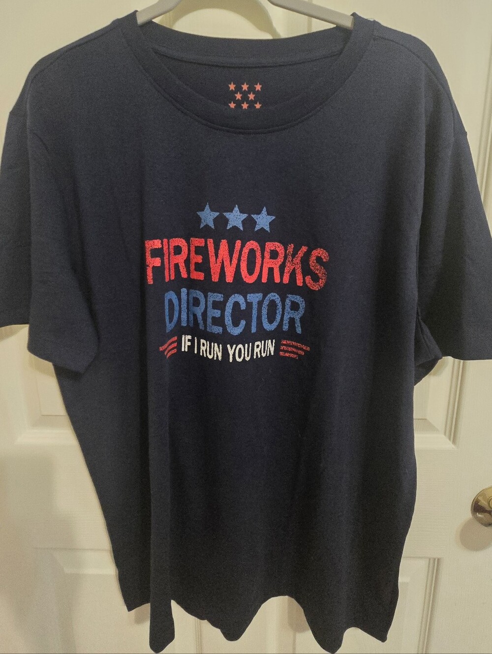 New Navy Blue Graphic Tee with Red and Blue Print.